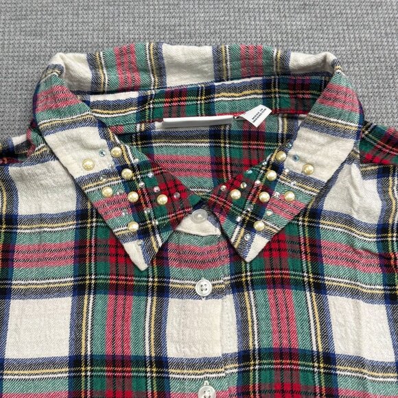 D & Co Womens Size 1X Plaid Flannel Button Up Shirt Embellished Collar Tunic - Picture 6 of 14